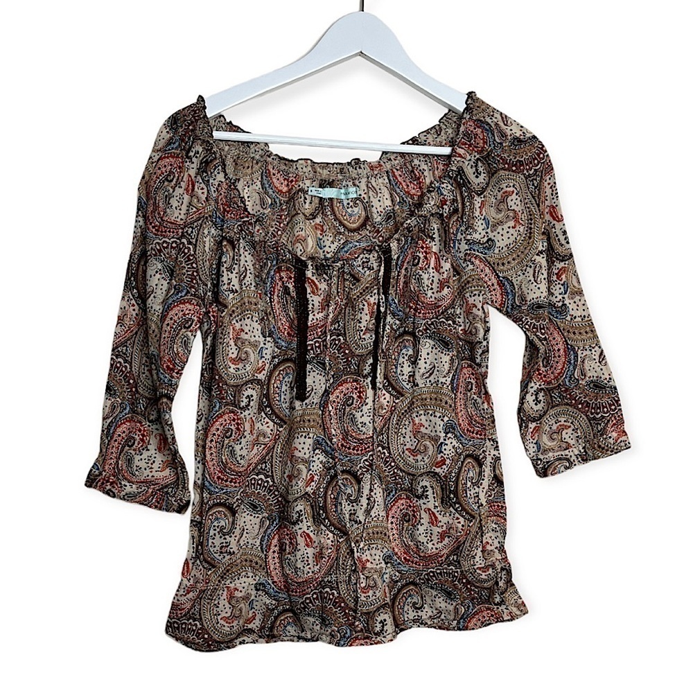 Maurices Women’s Tie Scoop Neck Boho Paisley Top in Brown‎ Red Blue Size Small
